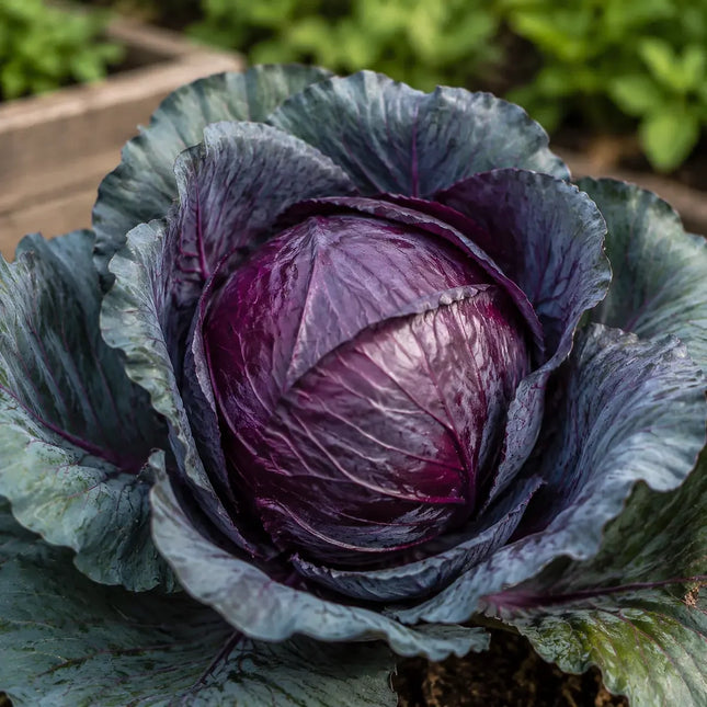 Compact mature Red Acre purple cabbage head growing in a garden