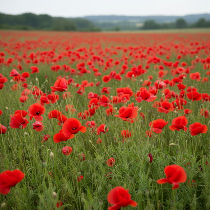 A vast field of bright red poppies blooming in tall green grass, stretching to a tree-lined horizon under an overcast sky.