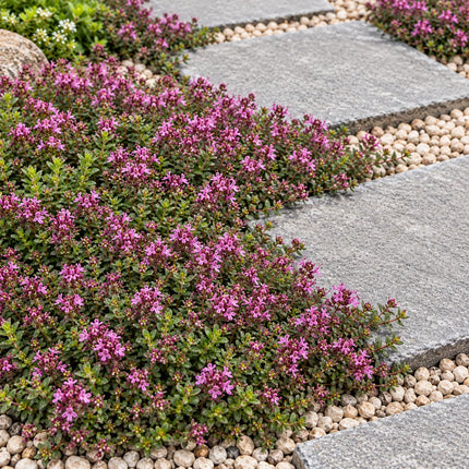 Mature creeping thyme growing between stepping stones