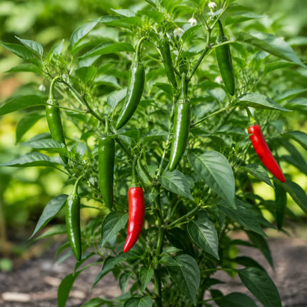 Mature green and red Serrano peppers growing on a Capsicum annuum plant