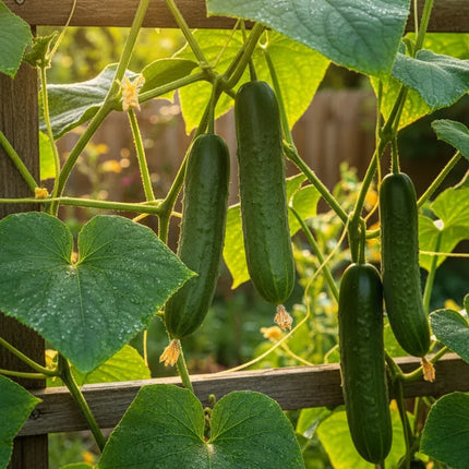 Fresh green cucumbers hanging from a cucumber plant with heart-shaped leaves on a wooden trellis in a garden at sunset.