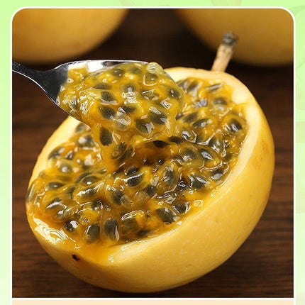 Sweet granadilla fruit cut open to show the pulp and seeds