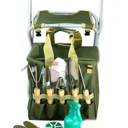 10 Pieces Gardening Tool Set with Detachable Tote and Folding Stool Seat - Seed World