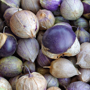 Purple tomatillos with dried husks and pale tops